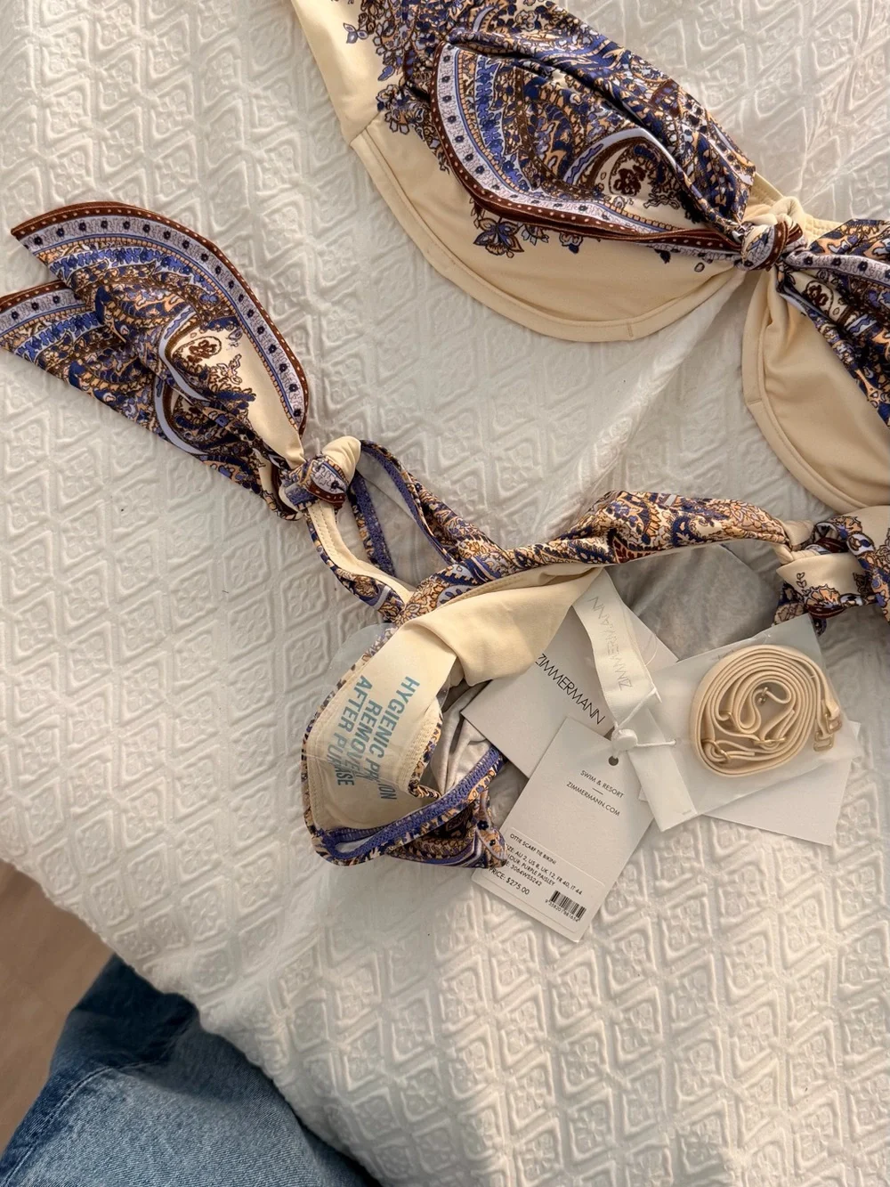 Zimmermann Paisley Bandeau Bikini in Beige and Navy